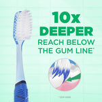Promotional graphic of a G•U•M toothbrush head with text stating “10x deeper reach below the gum line” and inset illustration
