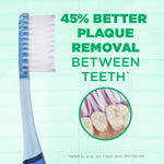 Close-up promotional image of G•U•M toothbrush head with copy “45% better plaque removal between teeth” and inset tooth detail