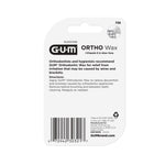 Back of G•U•M Ortho Wax blister card showing directions, barcode and small circular inset image of orthodontic wire