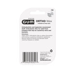 Reverse side of G·U·M Ortho Wax package showing product information, barcode and usage directions.