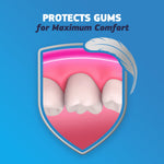 Shield-style graphic showing teeth and gum protection with a feather accent and text 'Protects Gums for Maximum Comfort'.