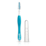 Single GUM Proxabrush interdental brush with blue handle and clear protective cap on white background