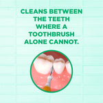 Text graphic reading ‘Cleans between the teeth where a toothbrush alone cannot’ with circular illustration of brush between teeth