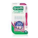 Front view of GUM Proxabrush Go-Betweens retail blister pack showing ten pink-handled interdental brushes