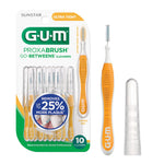 GUM Proxabrush Go-Betweens blister pack with ten orange-handled interdental brushes and one brush and cap shown outside the pack