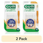 Two GUM Proxabrush Go-Betweens blister packs shown side-by-side with orange-handled interdental brushes visible and 2 pack label