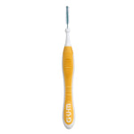 Close-up studio shot of a single GUM Proxabrush interdental brush with orange textured handle and small blue bristle head