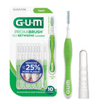 GUM Proxabrush blister pack plus loose green-handled interdental brush and protective cap on white background