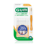 Front view of GUM Proxabrush Go-Betweens blister pack with orange-handled interdental brushes and green branding.