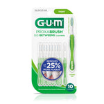 Single GUM Proxabrush Go-Betweens blister pack with visible green handle and ten interdental brush heads