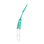 Single GUM Soft-Picks Advanced dental pick isolated on white background showing bristled tip and branded handle