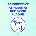 Blue-on-aqua infographic reading "As effective as floss at removing plaque" with stylized tooth icon