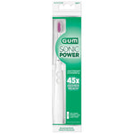 Retail blister pack for G•U•M Sonic Power toothbrush with green branding and visible white brush inside.
