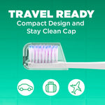Toothbrush head inside a clear travel cap with icons and text promoting travel-ready compact design on a green background.