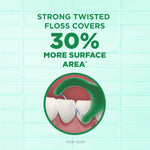 Graphic panel stating “Strong twisted floss covers 30% more surface area” with illustration of a pick between teeth