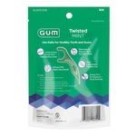 Back of green GUM Twisted Mint package with product claims, icons, and barcode on a resealable bag