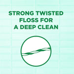 Graphic panel stating “Strong twisted floss for a deep clean” with a circular twisted-floss illustration on mint background