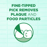 Informational graphic reading “Fine-tipped pick removes plaque and food particles” with tooth icon illustration