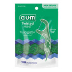 Front of green GUM Twisted Mint resealable bag showing a single floss pick illustration and 150 floss picks label