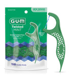 Green GUM Twisted Mint floss picks with resealable pouch packaging and visible 150 count label