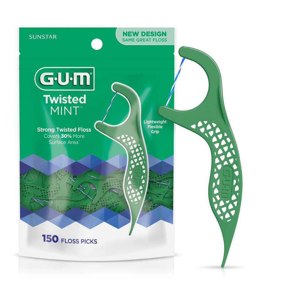 Green GUM Twisted Mint floss picks with resealable pouch packaging and visible 150 count label