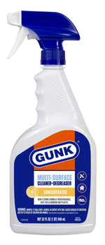 GUNK multi-surface cleaner and degreaser spray bottle with blue-orange label and blue trigger