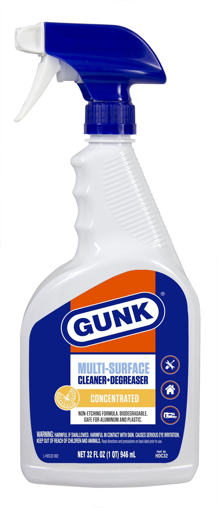GUNK multi-surface cleaner and degreaser spray bottle with blue-orange label and blue trigger