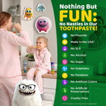 Bathroom scene with two children brushing and on-screen checklist of toothpaste features like no fluoride, no SLS, and cruelty free.
