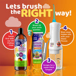 Step-by-step brushing graphic showing Guru Nanda Kids toothpaste alongside oral rinse, toothbrush and water flosser illustrations.