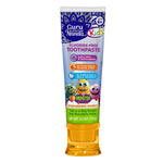 Guru Nanda Kids fluoride-free toothpaste tube featuring monster mascots and strawberry mango branding on an orange flip cap.