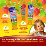 Promotional scene with Guru Nanda Kids toothpaste tubes, strawberries, and a child brushing, with text callouts about taste and foam.