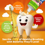 Illustrated smiling tooth holding a toothbrush while toothpaste is poured from a Guru Nanda Kids tube, with benefit callouts.