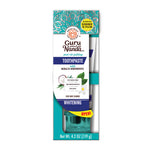 Retail packaging for Guru Nanda whitening toothpaste with window showing tube and turquoise decorative top panel.