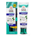Guru Nanda whitening toothpaste tube and matching retail box shown side-by-side with teal cap and floral accents.