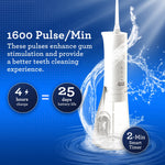 GuruNanda water flosser image with text highlighting 1600 pulses per minute, 4hr charge and 25 days battery life