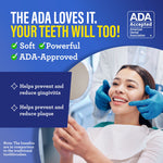 Promotional graphic with ADA Accepted seal and a smiling dental patient alongside GuruNanda branding and product benefit text