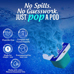 Promotional pod graphic showing a GuruNanda AquaPod releasing blue solution with icons for travel-friendly and fluoride-free