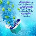 Promotional graphic showing a GuruNanda AquaPod pod releasing blue liquid and green leaves with compatibility text