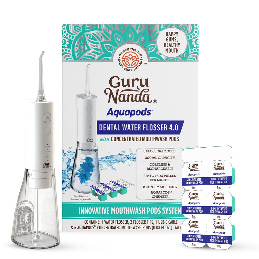 GuruNanda Aquapods Dental Water Flosser with clear 300ml tank, device and pod packaging displayed on white background