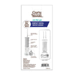 Back-of-package graphic for GuruNanda compact dental water flosser showing product diagram, included tips, and USB-C cable illustration
