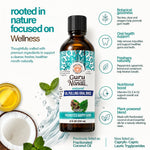 GuruNanda oil pulling oral rinse bottle on white background with icons and text listing botanical ingredients and oral health benefits