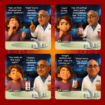 Four-panel illustrated comic showing a character being advised to oil pull with GuruNanda bottle held by a smiling man in a lab coat.