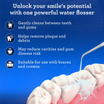 Infographic showing dental benefits with an illustration of teeth being rinsed by a GuruNanda flosser stream