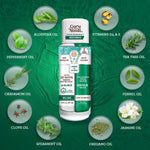 GuruNanda mouthwash centered with round plates of labeled oils and botanicals on a textured green background