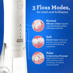 Close-up of GuruNanda flosser body with text and three circular insets illustrating normal, soft and pulse floss modes