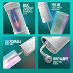 Four-panel infographic showing flosser features: 1800 pulses/min, 180 ml tank, detachable tank, and gravity ball design close-ups