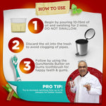 How-to-use graphic showing three numbered steps for oil pulling with icons and a photo of a man holding the product.