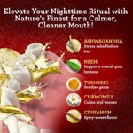 Infographic on a red background listing ingredients and benefits including ashwagandha, neem, turmeric, chamomile and cinnamon.