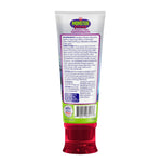 Back of GuruNanda Kids Monster Frens toothpaste tube showing ingredient list, directions, barcode and USA quality seal