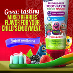 Close-up promotional image of GuruNanda Kids mixed berry toothpaste with toothbrush, berries and playful monster characters